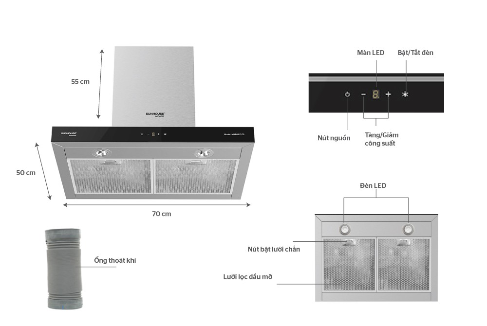 Máy hút mùi cao cấp chữ “T” Sunhouse Mama MMB6815-70